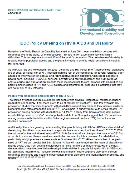 IDDC Policy Briefing on HIV & AIDS and Disability – IDDC